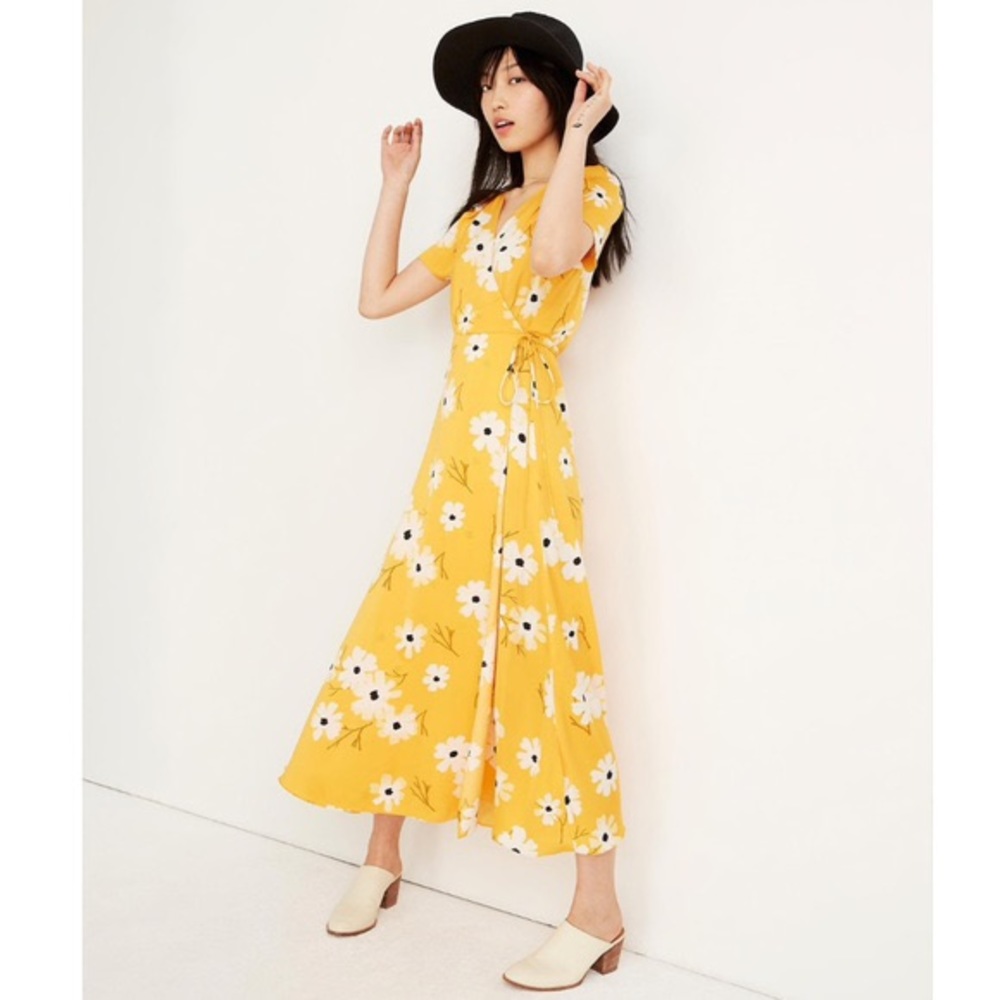 Madewell Yellow Ikat Floral Puff Sleeve Wrap Midi Dress